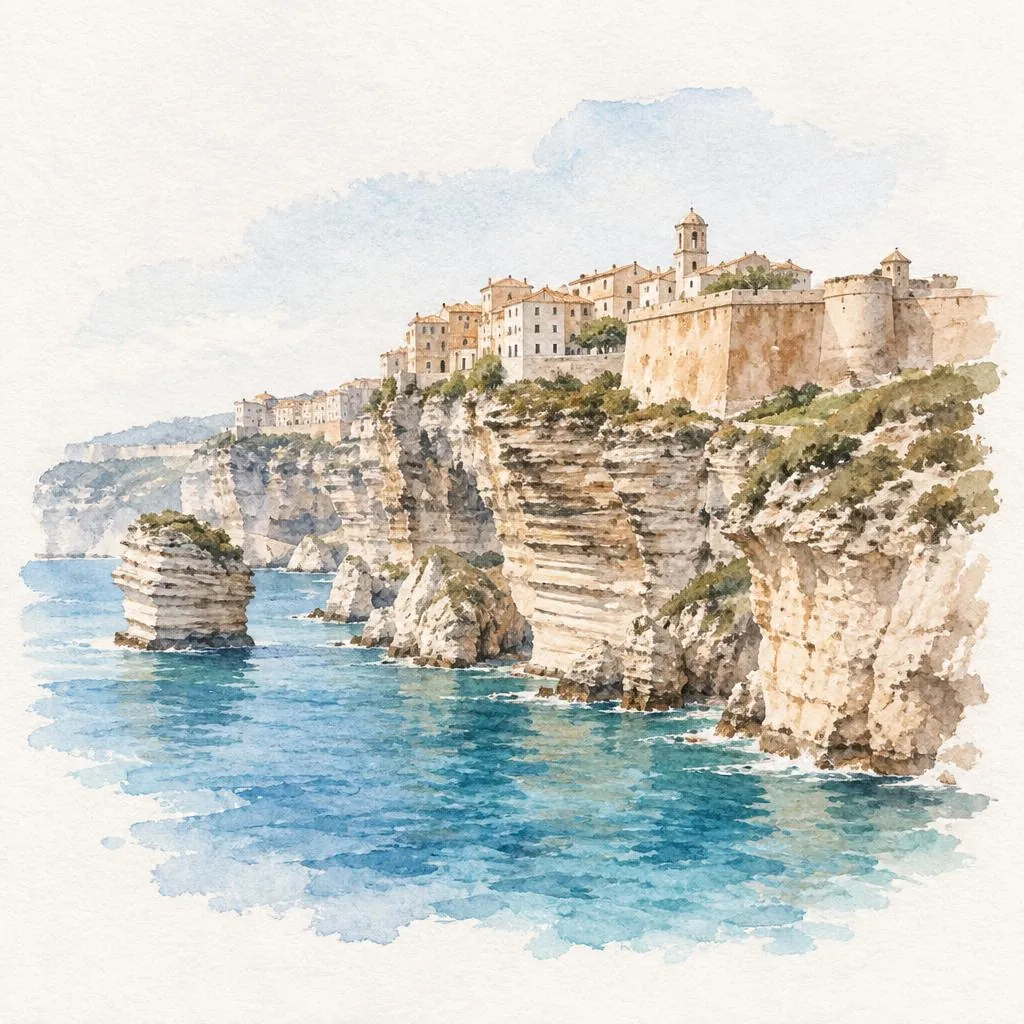 Acquerello della cittadella di Bonifacio vista dal mare — la Corsica in video con CorseTV